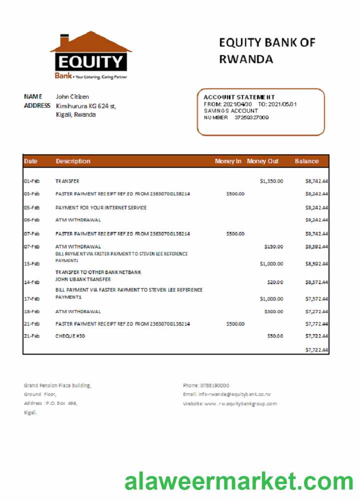 Rwanda Equity Bank statement easy to fill template in .xls and .pdf file format.1